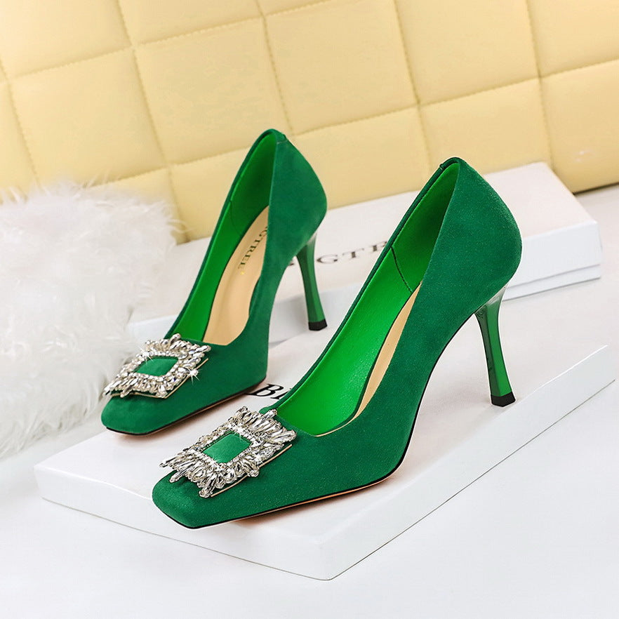 2025 7792-1K82  banquet high heels women's shoes super high heel shallow mouth square head suede metal rhinestone buckle single shoes
