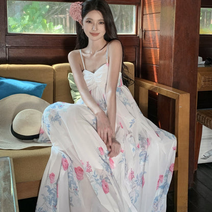 2025 Coffee break  gentle wind floral suspender dress seaside vacation chic unique super good-looking white fairy dress