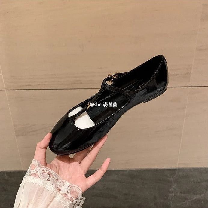 2025 Cowhide version~ Su Yinyin's same spring and autumn small gold buckle retro round head T belt versatile Mary Jane flat shoes women's single shoes