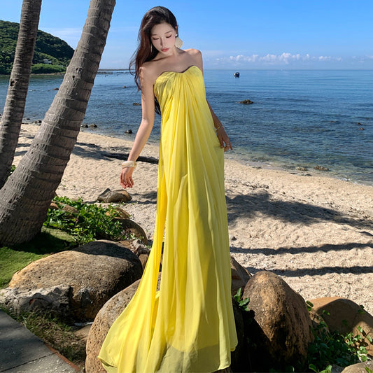 2025 Evening dress elegant temperament long dress new elegant chiffon annual meeting birthday tube top dress banquet bridesmaid skirt