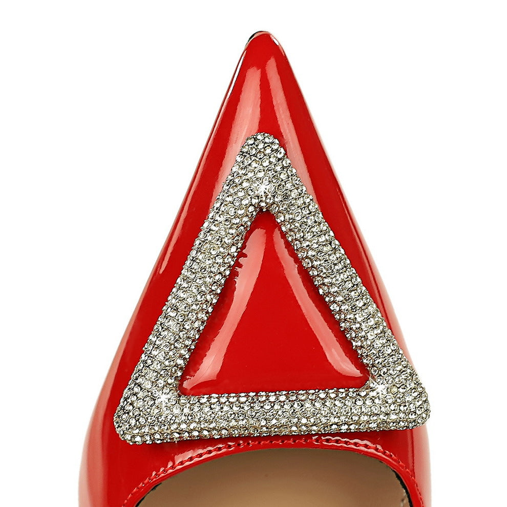 2025 6122-8K36 banquet women's shoes patent leather shallow mouth pointed super high heel triangular metal rhinestone buckle high heel single shoes