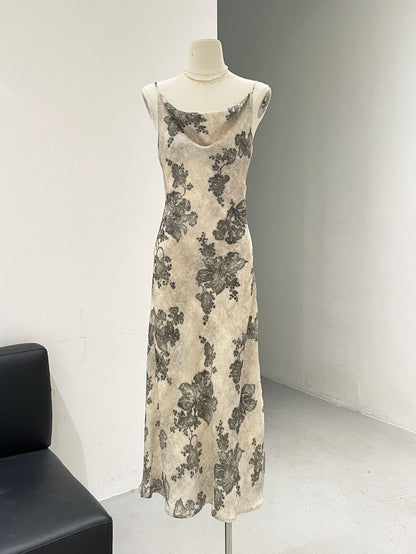 2025 ES MODISH Spring New Product Vacation Style Retro Printed Suspender Dress with High Waist Sexy Long Dress Women