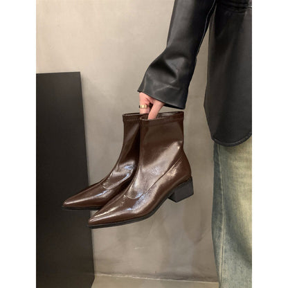 2025 Korean small bare boots black pointed short boots women's shoes popular new autumn and winter Popular style white thick heel thin boots