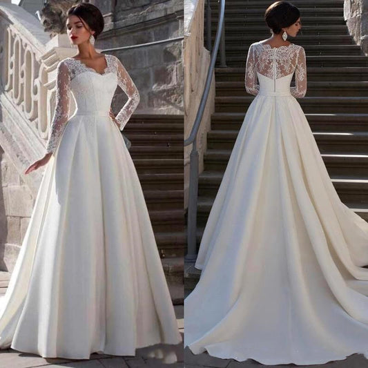 2025 Hot trade new V-neck lace long-sleeved trailing wedding dress simple trailing slim lace satin banquet hosting wedding dress