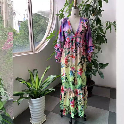 2025 New summer new 2025 women's clothing printing gradual change color dress ruffle V-neck sexy and thin dress