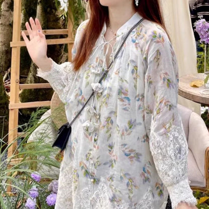 2025 Fish bone wide lace collage Quan ramie plant printing and dyeing dress loose doll short skirt