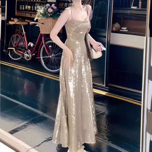 2025 popular new Popular style design sense niche sexy spice girl suspender long dress temperament sequin dress female ins tide