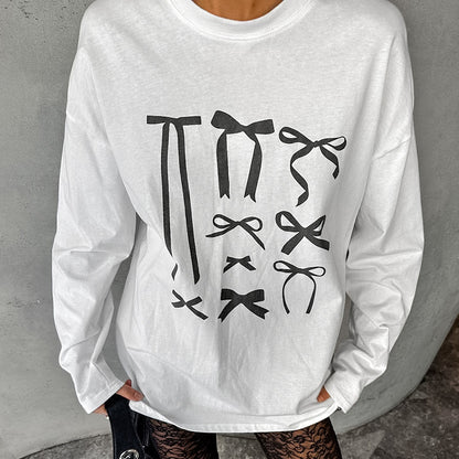 XAKXX 2025Crew neck loose pullover bow graffiti printing casual T-shirt popular 2025 autumn and winter fashion new inner women