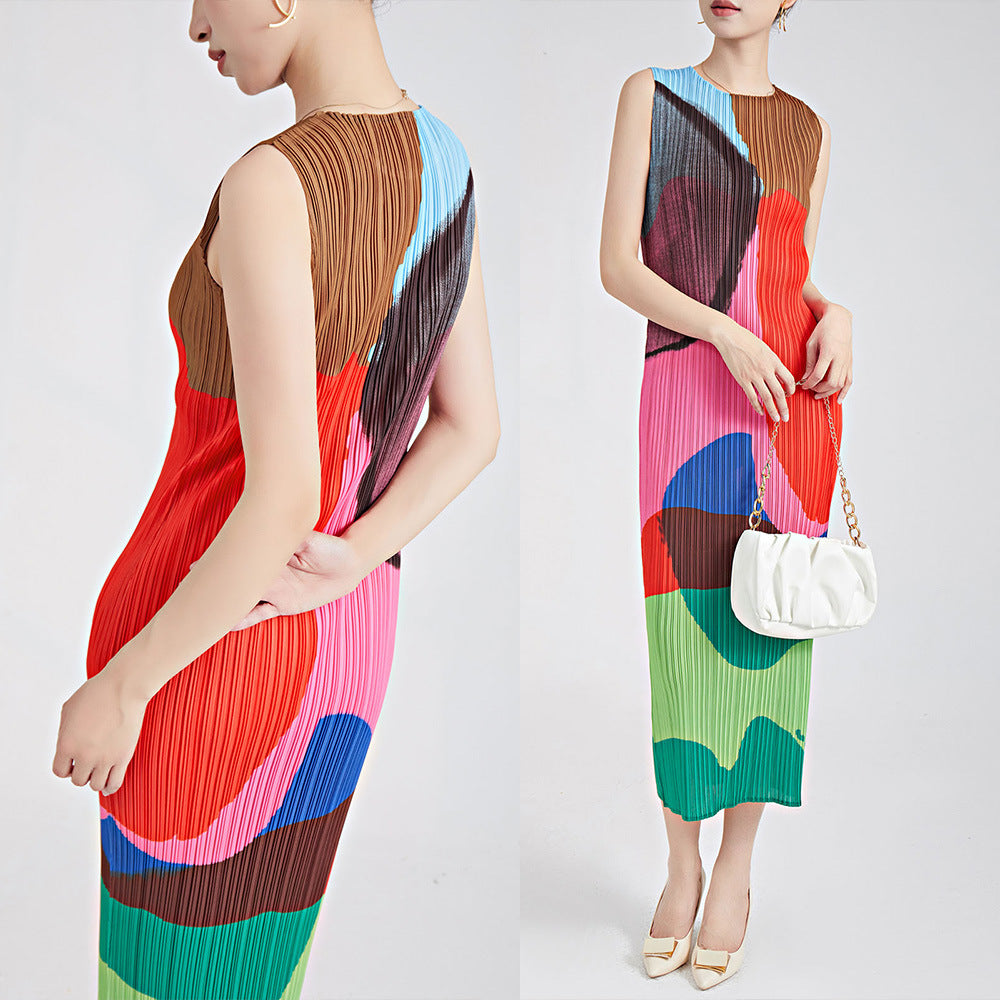 2025 Fashion high-end pleated skirt summer women's new long sleeveless printed straight versatile retro dress