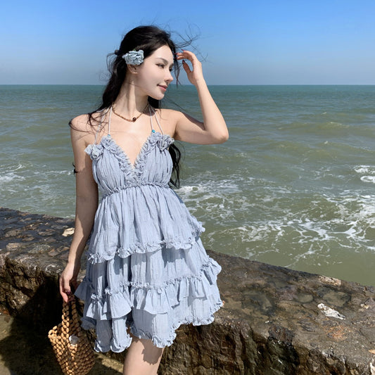 2025 Thailand Sanya seaside vacation wear with fungus edge sexy V-neck halter suspender dress small cake dress