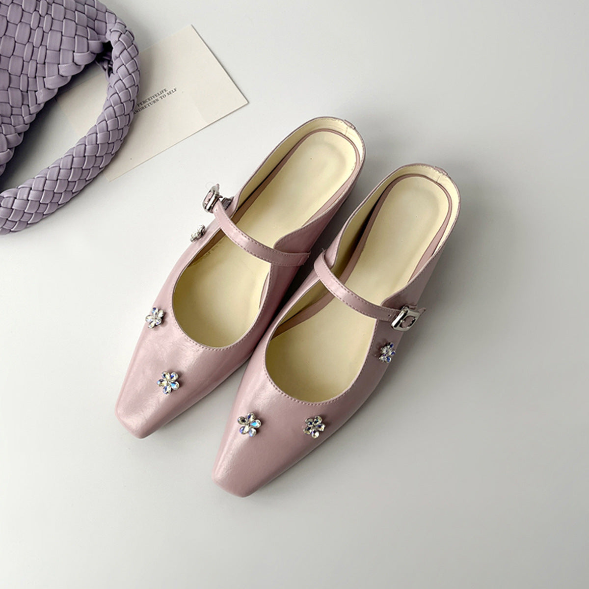2025 Sheepskin version~  rhinestone flower bag head half slippers women's outer wear inner height increase square head temperament Mary Jane single shoes