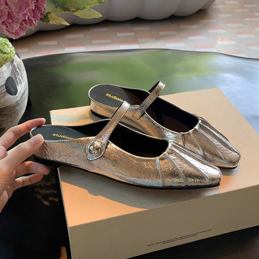 2025 Sheepskin version~ Grape mother has the same temperament, small square head folds, with Mary Jane bag head and half slippers for women's summer