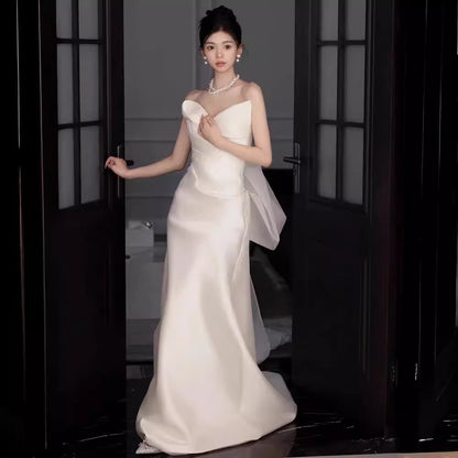 2025 tube top light wedding dress light luxury travel photography Mori hair out yarn Korean simple satin bridal welcome dress small trailing spring