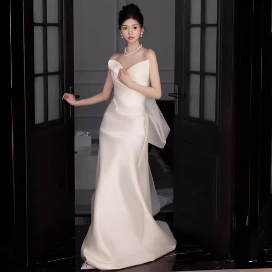 2025 tube top light wedding dress light luxury travel photography Mori hair out yarn Korean simple satin bridal welcome dress small trailing spring