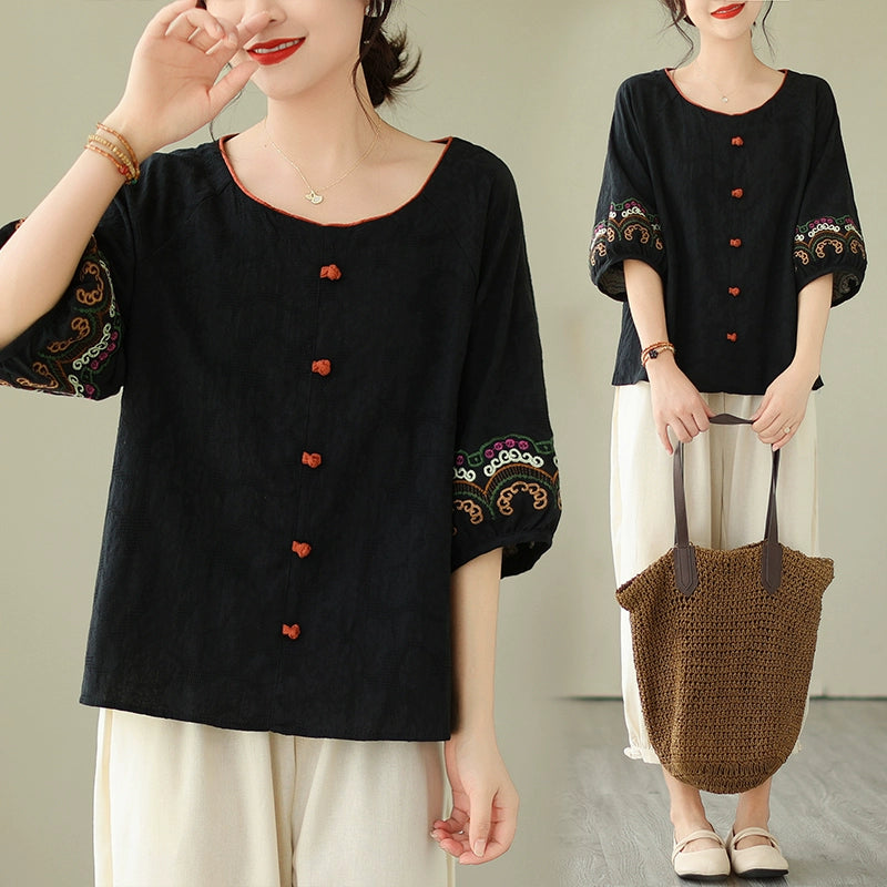 Young mother fashion suit jacquard loose literary button top ramie nine-point Harlan pants casual two-piece set