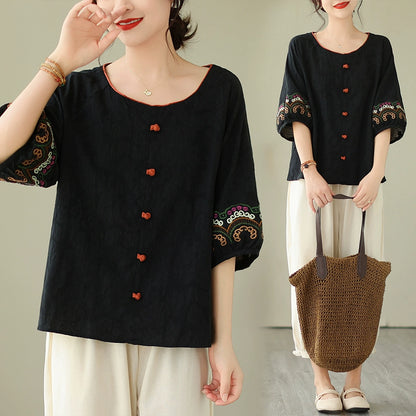 Young mother fashion suit jacquard loose literary button top ramie nine-point Harlan pants casual two-piece set