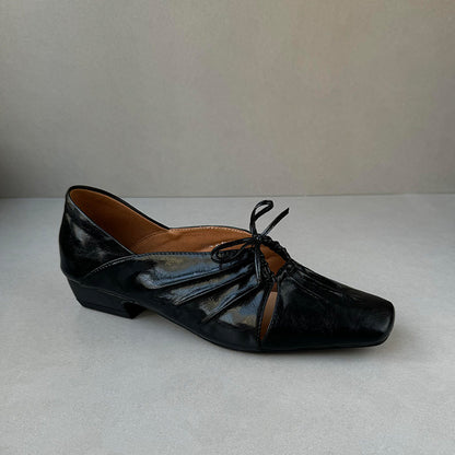 2025 Sheepskin version~ niche design pleated hollow square head Mary Jane shoes  leather bow flat shoes