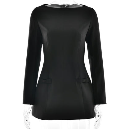 2025 New women's clothing popular autumn and winter new sexy elegant boat collar long-sleeved A-shaped skirt bow dress