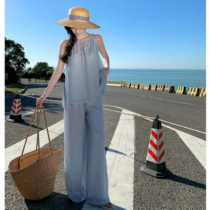 2025 Lazy wind wear women's summer seaside vacation leisure suit Zen simple chiffon loose trousers cold two-piece set
