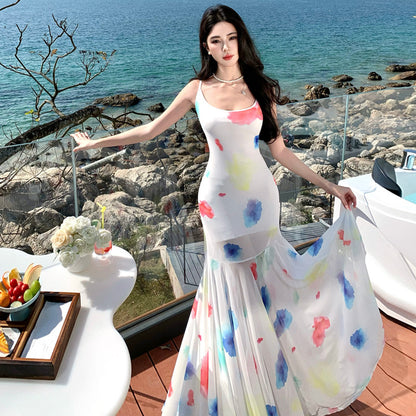 2025 Color tie-dye dopamine vacation style perspective pendulum super fairy Thai island atmosphere beach suspender long dress