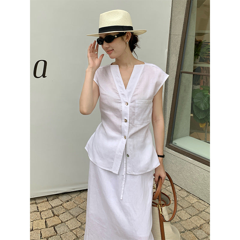 2025  Tencel linen lace-up sleeveless shirt women's 2025 summer new versatile cardigan top T5050X