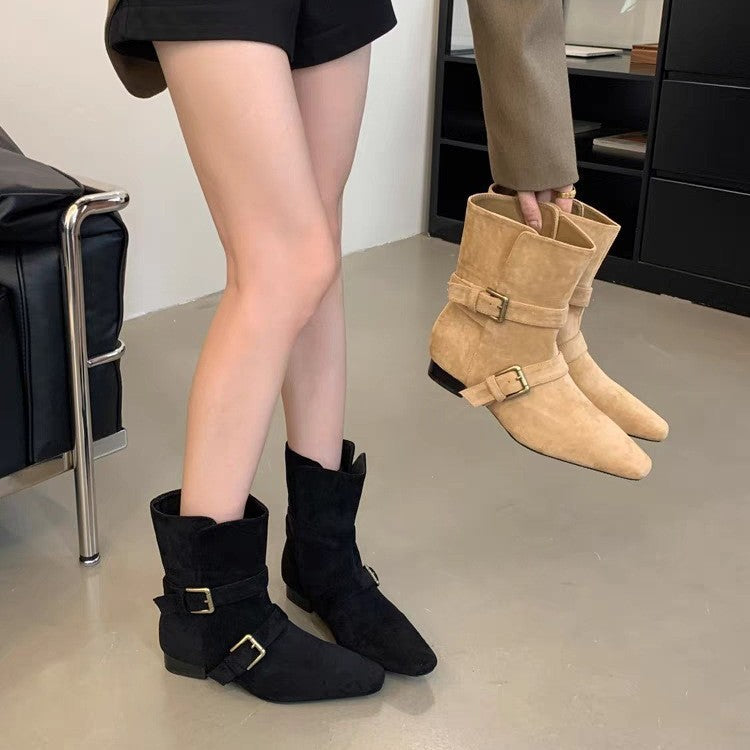 2025 Niche design pointed short boots women's thick heel belt buckle suede Chelsea boots slim Martin boots