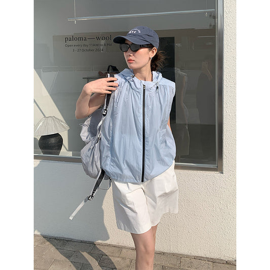 2025  hooded sleeveless vest sunscreen shirt 2025 summer new sports and leisure vest top T291