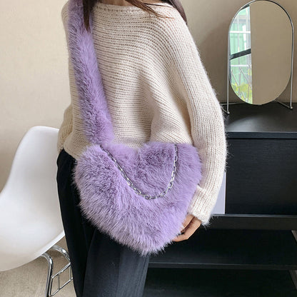 XAKXX 2025 new  oblique span love bag imitation fox hair large capacity fashion personalized chain handbag shoulder bag