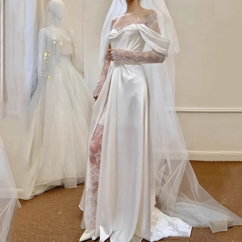 2025 simple satin travel photography light wedding dress long sleeve popular new bride shoulder small light dress trailing