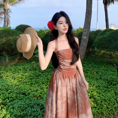 2025 Coffee break  retro suspender dress seaside vacation new Chinese beach skirt design sense niche smudge dress