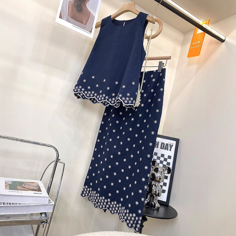 2025 Popularan station embroidery small daisy sleeveless top ramie skirt fashion suit women's summer wear a complete set of skirts