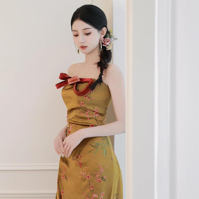2025 New Chinese tube top morning gown dress women's dinner party bow return door banquet fishtail skirt bride toast dress
