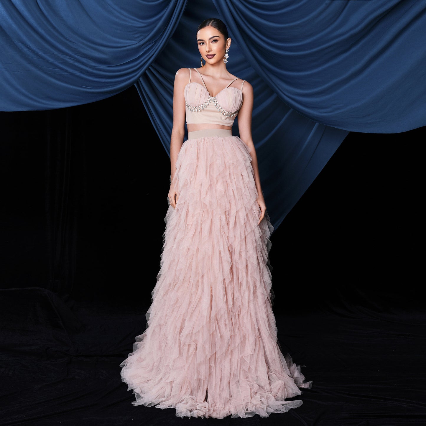 2025 suspender temperament sexy top long mesh pendulum skirt banquet set evening dress two-piece set