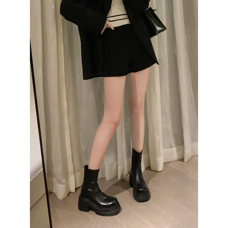 2025 Leg fine boots~ thick heel thick sole rear zipper leg elastic short boots female Martin thin boots