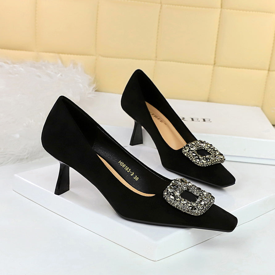 2025 6183-3K83  style fashion banquet women's shoes thin heel high heel suede light mouth square head metal rhinestone buckle single