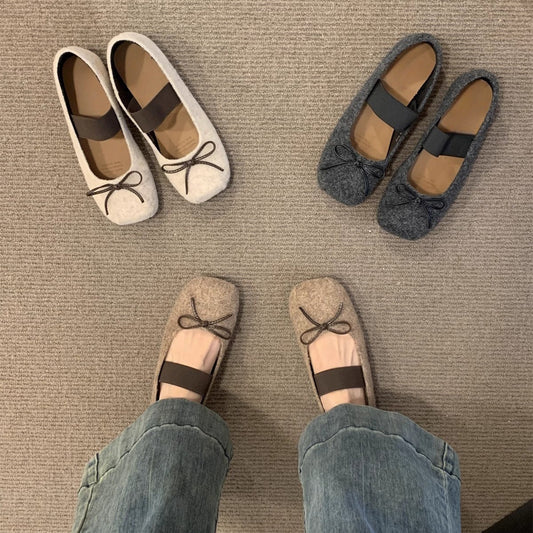 2025 Flat-bottomed  square head single shoes women's shoes popular new spring and autumn bow word with retro suede commuter shoes
