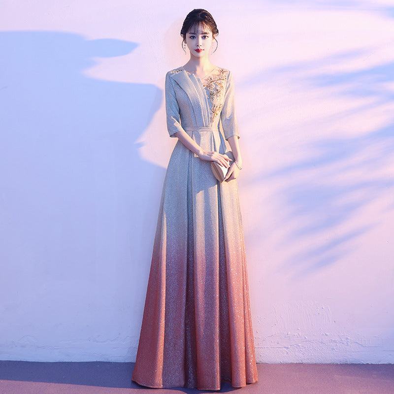 2025 Big choir performance uniform female long dress conductor host red song competition performance student temperament evening dress