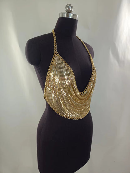 2025 MW3206  vest rhinestone inlaid sequins flat sheet metal chain splicing V-neck neck top small vest