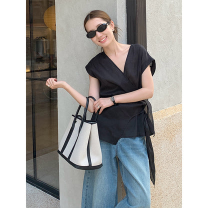 2025  Ramie Tencel Cross Design Sense Shirt 2025 Thirteen Lines Summer New Shirt Women's T5059X