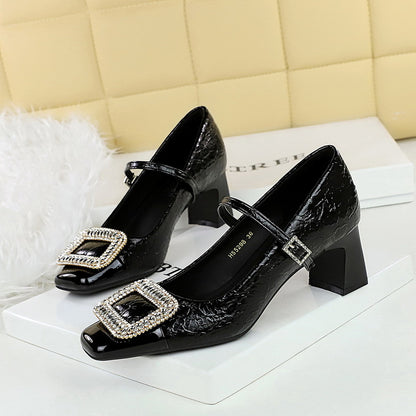 2025 5298-K32  banquet women's shoes thick heel medium heel light mouth color matching square head metal rhinestone buckle one-word belt single shoes