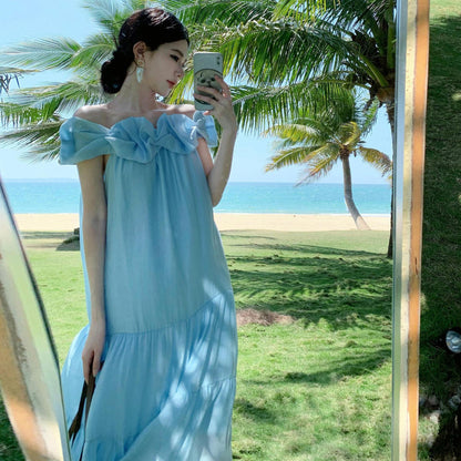 2025 Gentle wind sky blue off-the-shoulder dress women's summer  loose temperament long dress vacation travel wind beach dress