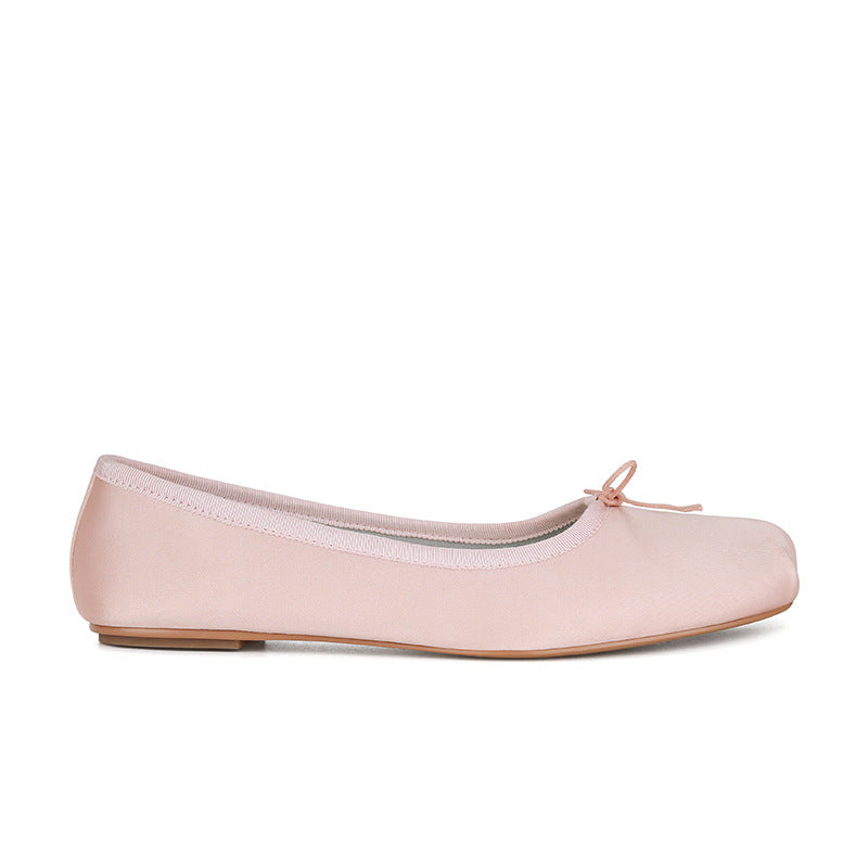 2025 Sheepskin version~ Su Yinyin's same square head  temperament bow commuting shallow mouth ballet single shoes women's flat shoes