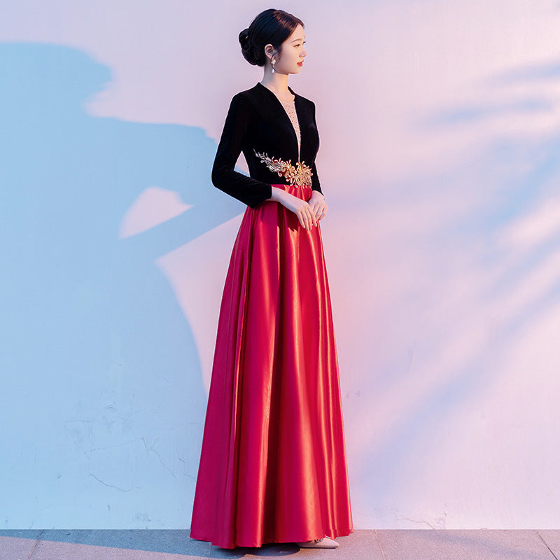 2025 Big choir performance costume female long dress host conductor evening dress poetry recitation red song black and red splicing costume