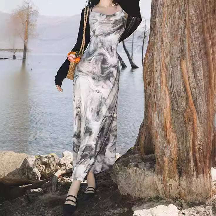 2025 Spot new Chinese ink painting swing collar sling backless dress floating rope and knitted sunscreen shawl super fairy set