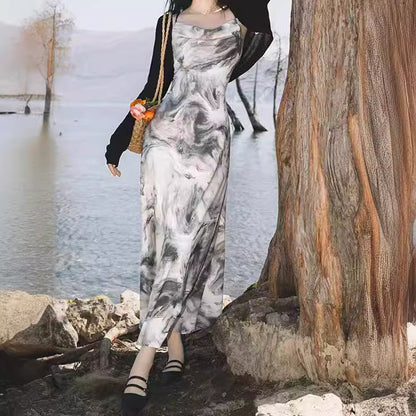 2025 Spot new Chinese ink painting swing collar sling backless dress floating rope and knitted sunscreen shawl super fairy set