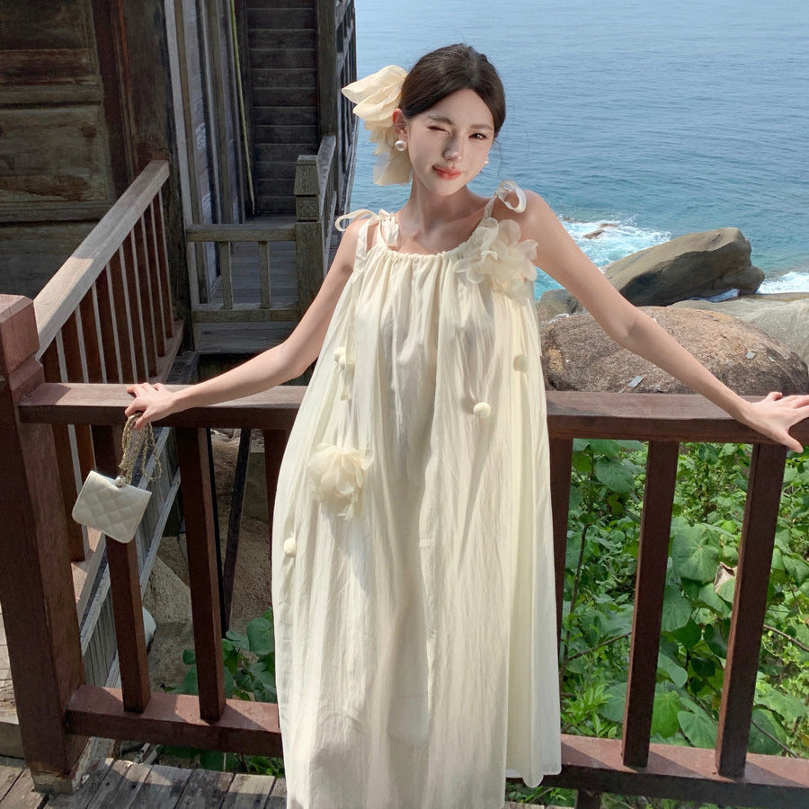 2025 Three-dimensional flower design sense niche suspender backless dress romantic seaside vacation photo fairy temperament long dress