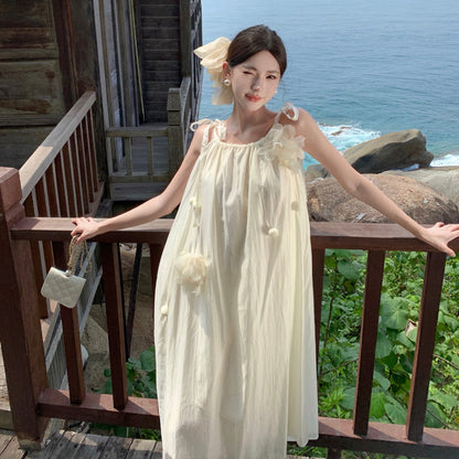 2025 Three-dimensional flower design sense niche suspender backless dress romantic seaside vacation photo fairy temperament long dress