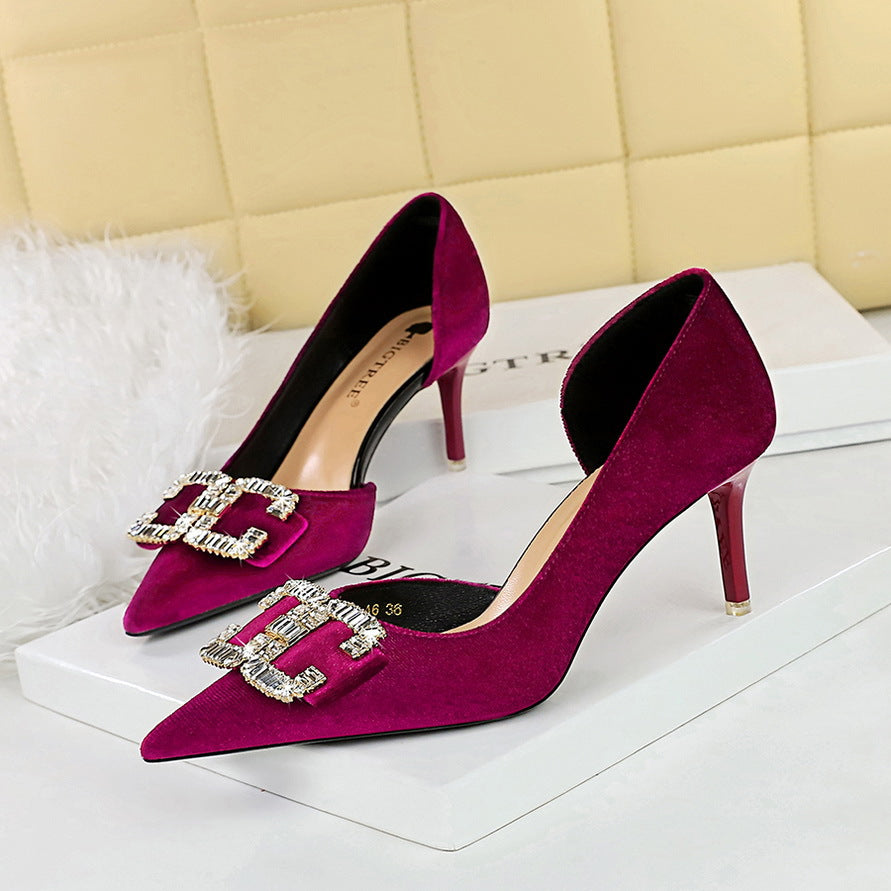 2025 1363-K78  high heels thin heel shallow mouth pointed side hollow thickened suede rhinestone buckle bow single shoe