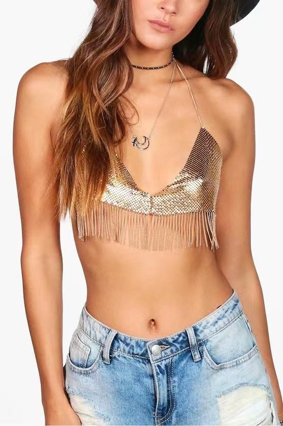 2025 MW3158  vest rhinestone inlaid sequined tassel chain hanging neck V-neck chest wrap top small vest body chain