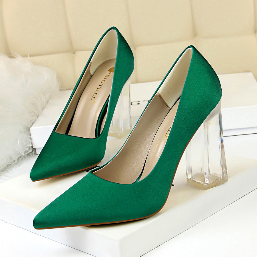 2025 2993-1 Korean version of fashion transparent crystal heel high heel satin light mouth pointed sexy high heels wedding shoes women's single shoes
